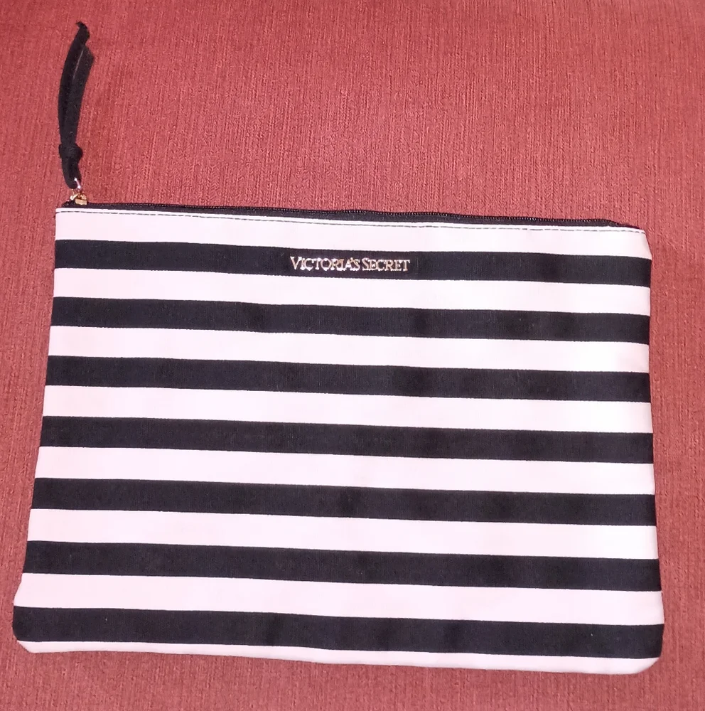 Victoria's Secret Pink Black Stripped Canvas Zip Cosmetic Bag